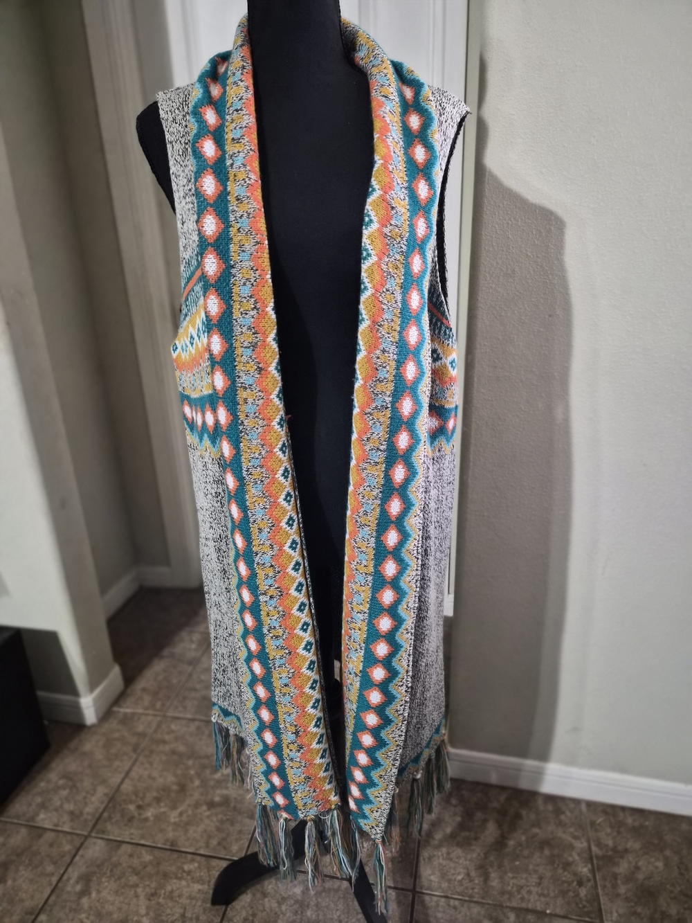 Cato Knit Fringe Vest in Teal, Mustard & Coral